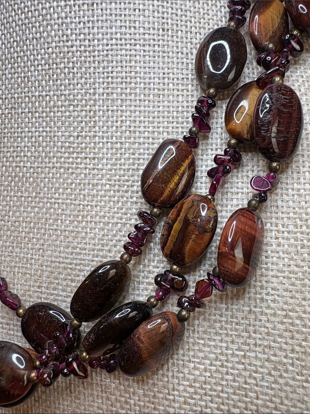 Garnet and Tigers Eye 3 stranded necklace 20 inches with magnetic clasp